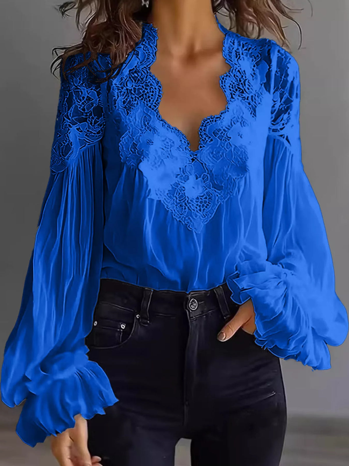 Full Size Lace V-Neck Flounce Sleeve Blouse Plus Size - Blue - View 31