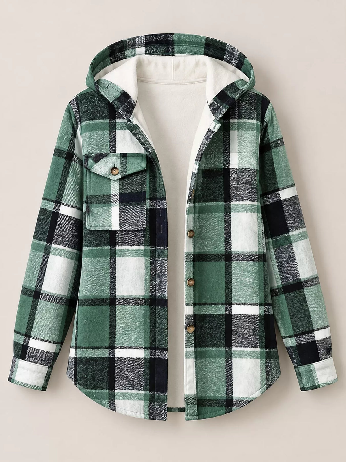 Fleece-Lined Plaid Button Up Shacket - Green - View 4