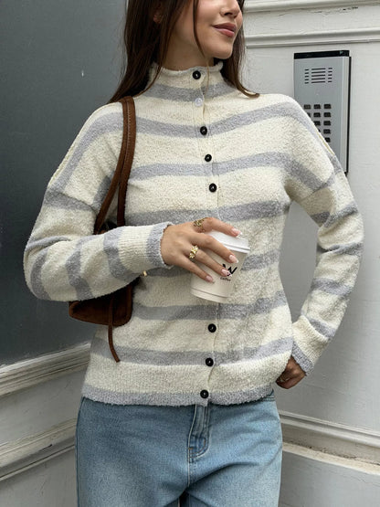 Striped Mock Neck Button-Down Textured Cardigan - Gray And Apricot Stripes - View 4