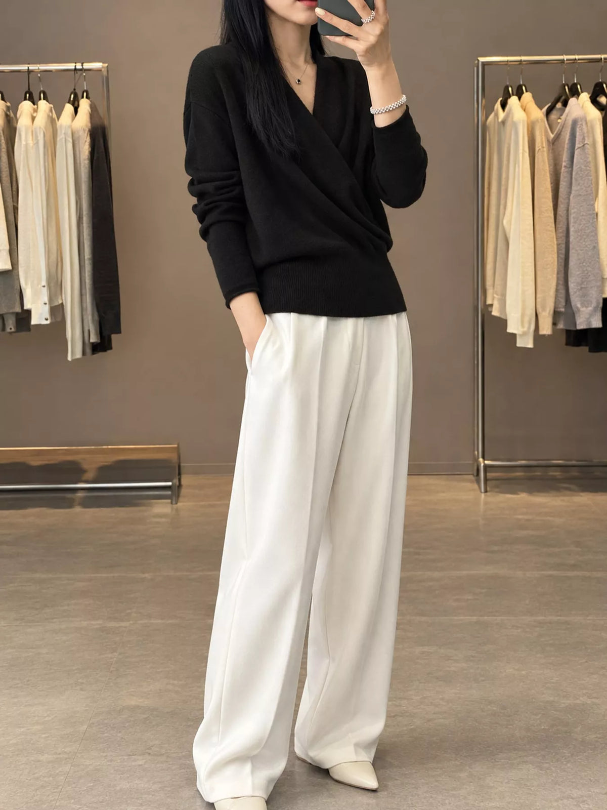 Wrap-Front Long Sleeve Sweater - Black - View 15