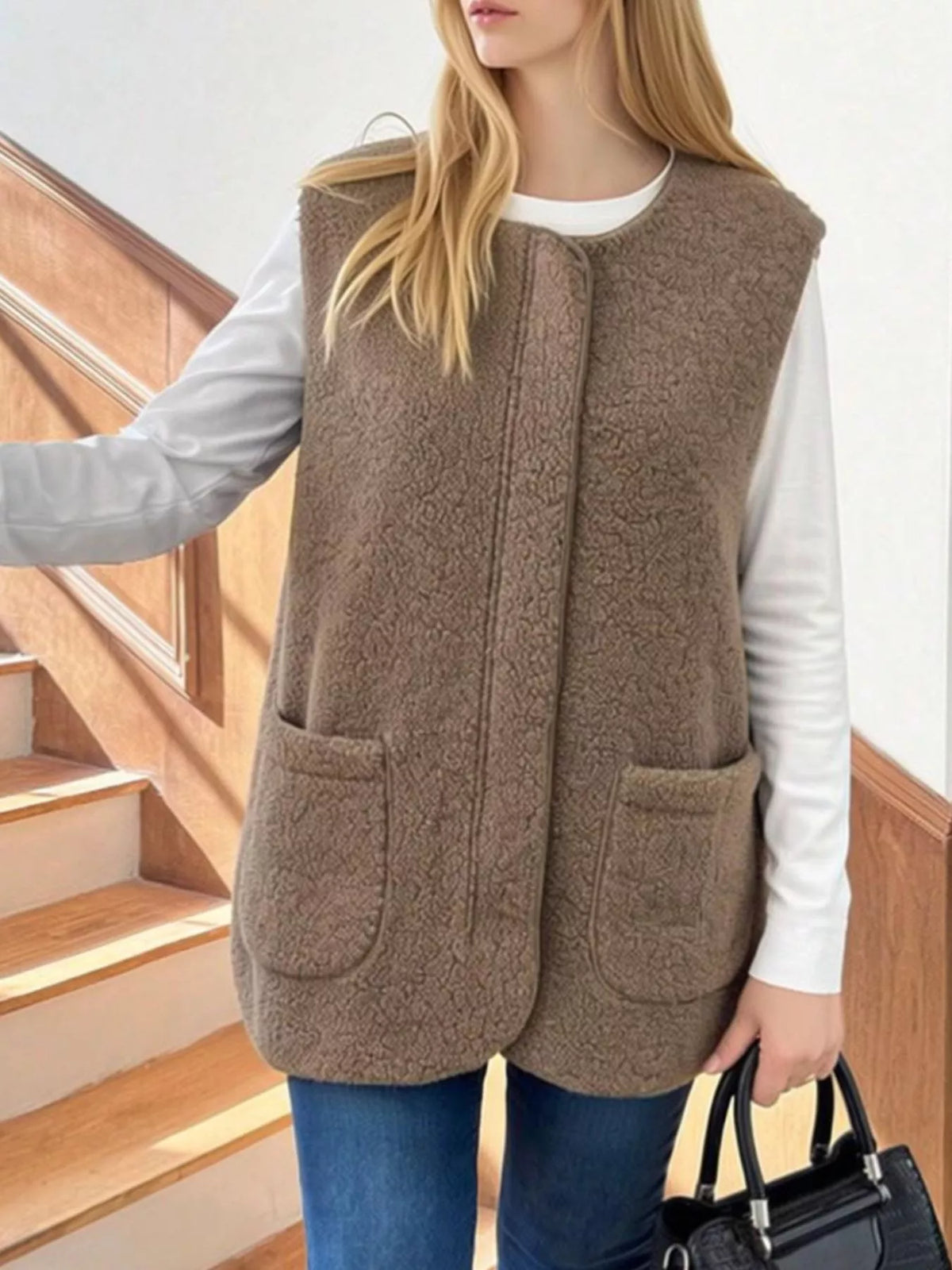 Sherpa Sleeveless Vest Coat - Khaki - View 8