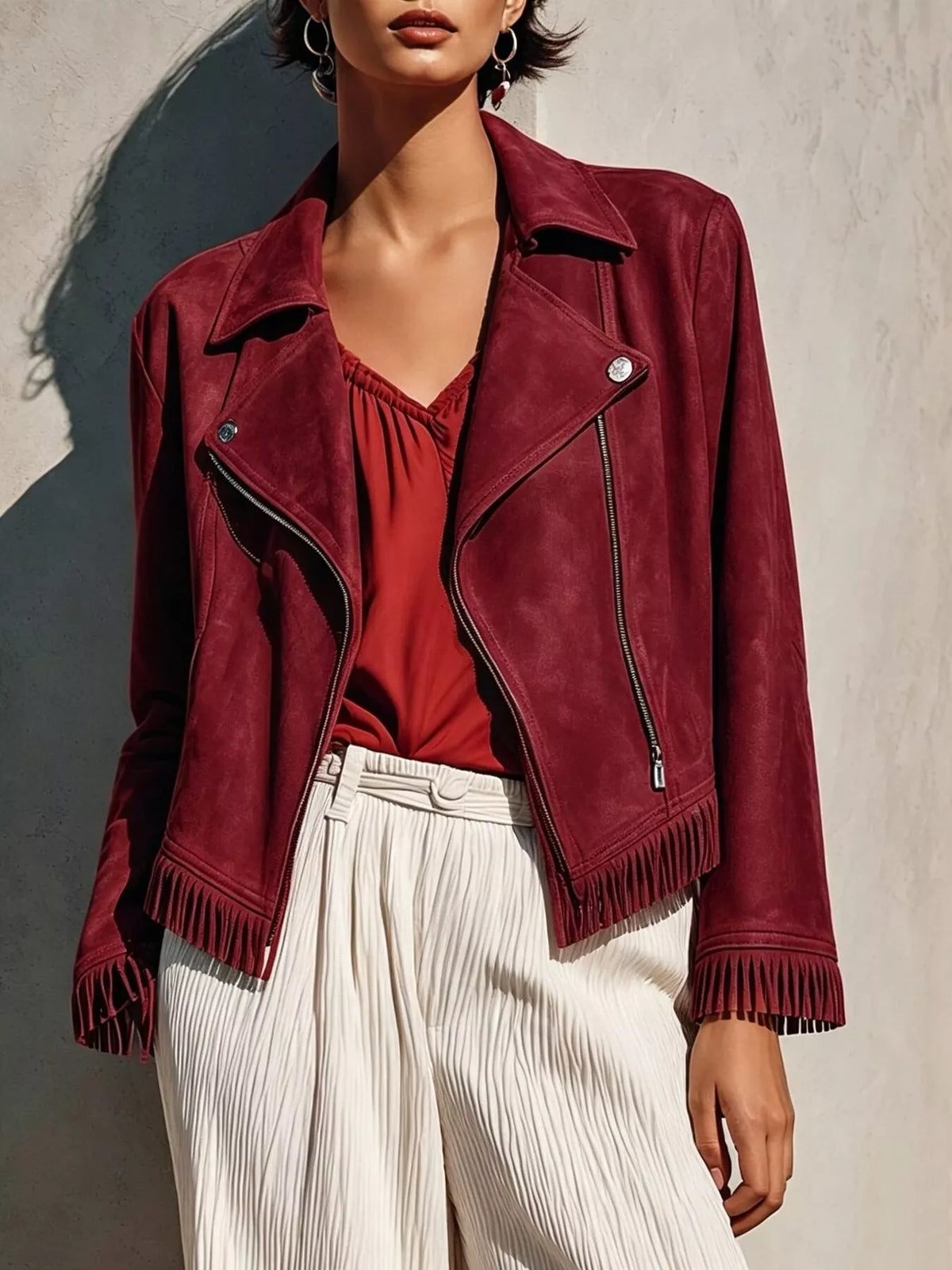 Fringe Hem Zip Up Jacket - Burgundy - View 1