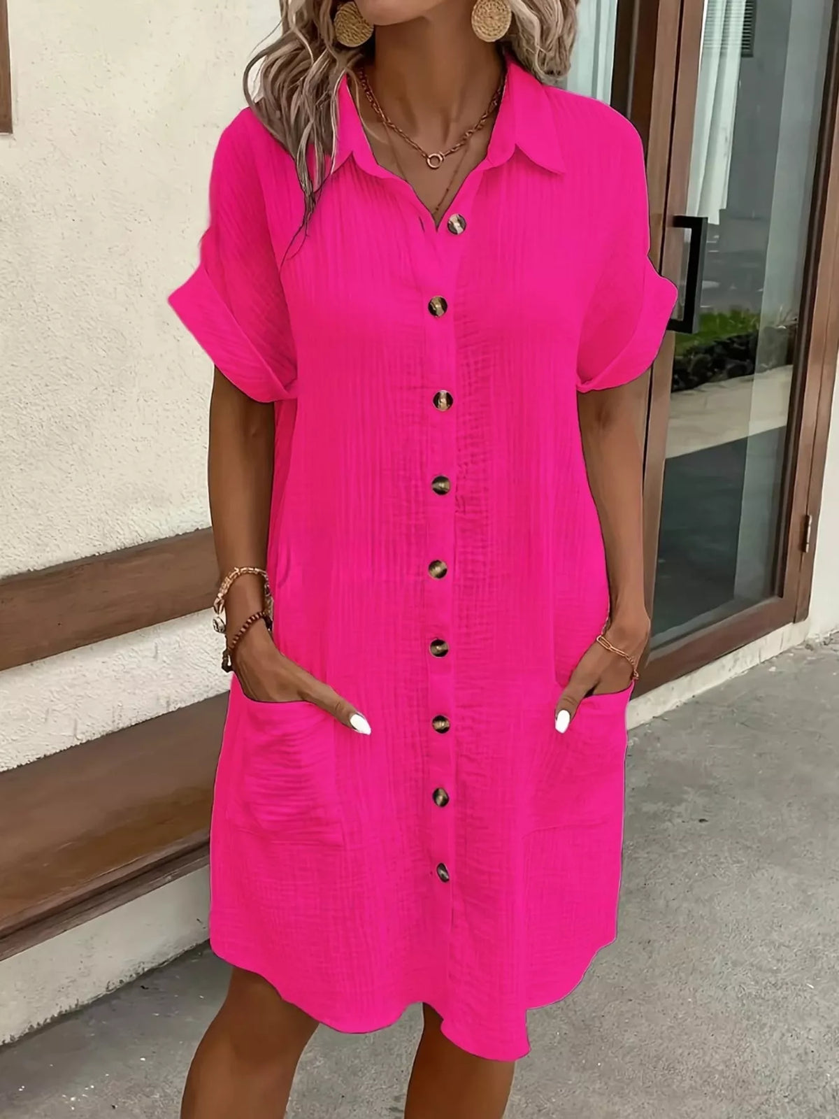 Full Size Button-Down Textured Shirt Dress with Pockets Plus Size - Hot Pink - View 15