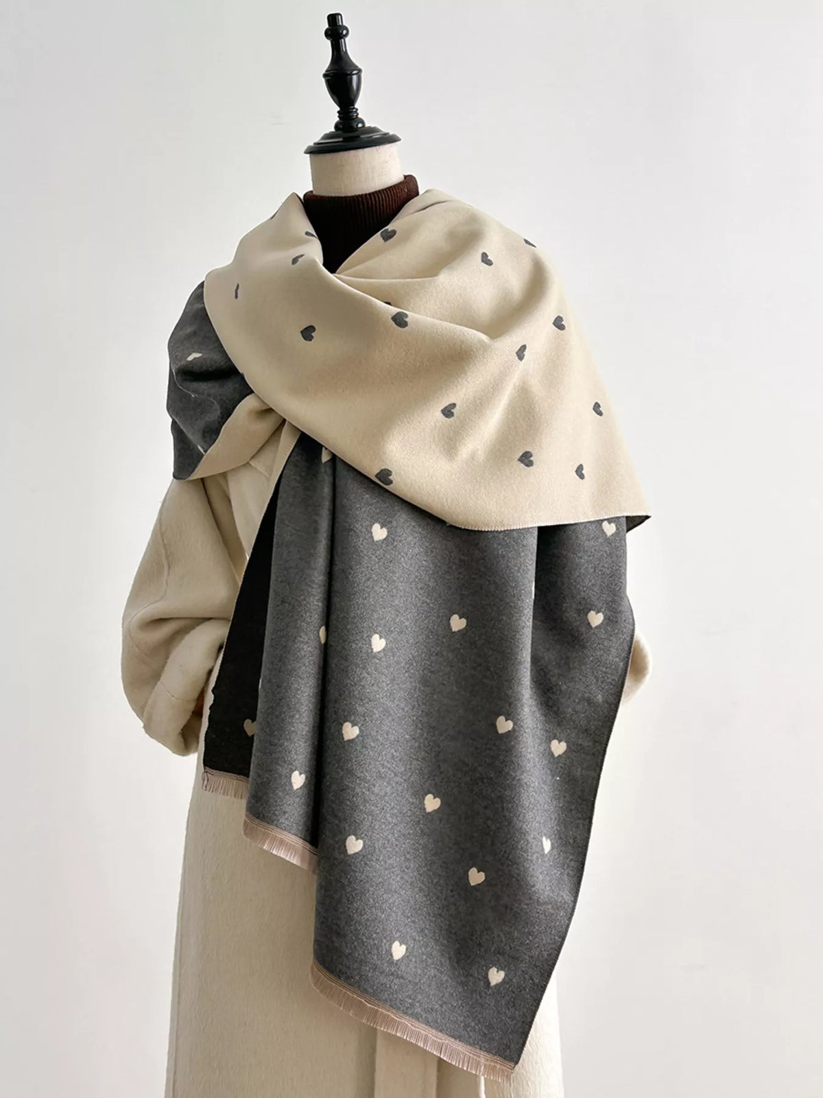 Heart Raw Hem Scarf - Gray - View 10