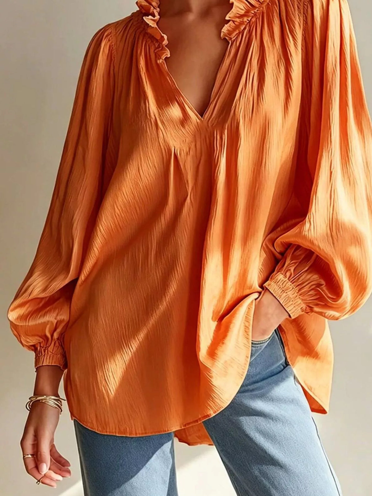 Ruffle Trim Long Sleeves Blouse - Tangerine - View 3