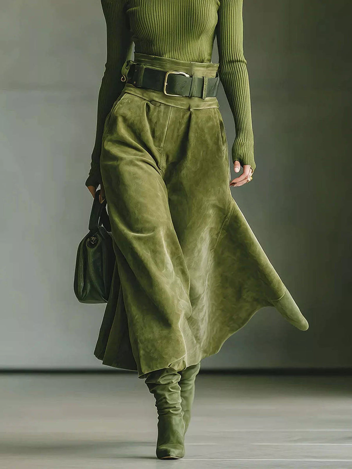Off-Shoulder Ribbed Knit Top and Skirt Set - Moss - View 3