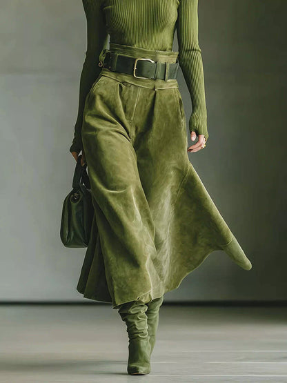 Off-Shoulder Ribbed Knit Top and Skirt Set - Moss - View 3