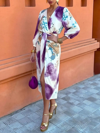 Full Size Slit Tie-Waist Abstract Print Midi Dress Plus Size - Purple - View 1
