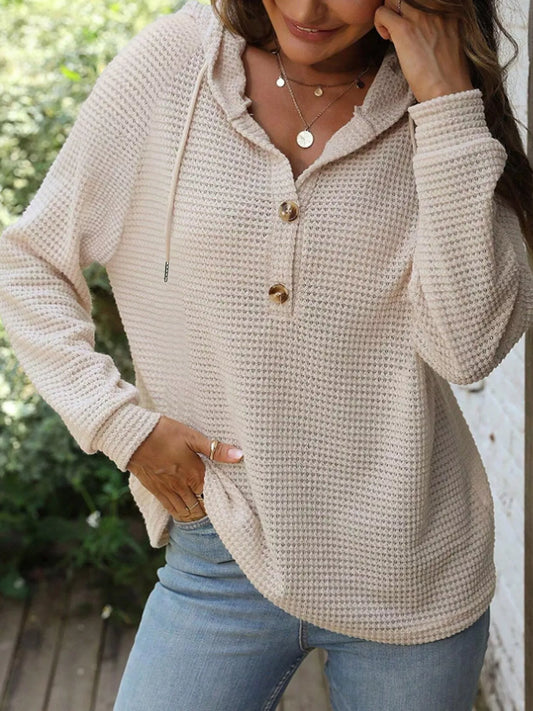 Full Size Waffle Knit Button Detail Hoodie Plus Size - Apricot - View 2