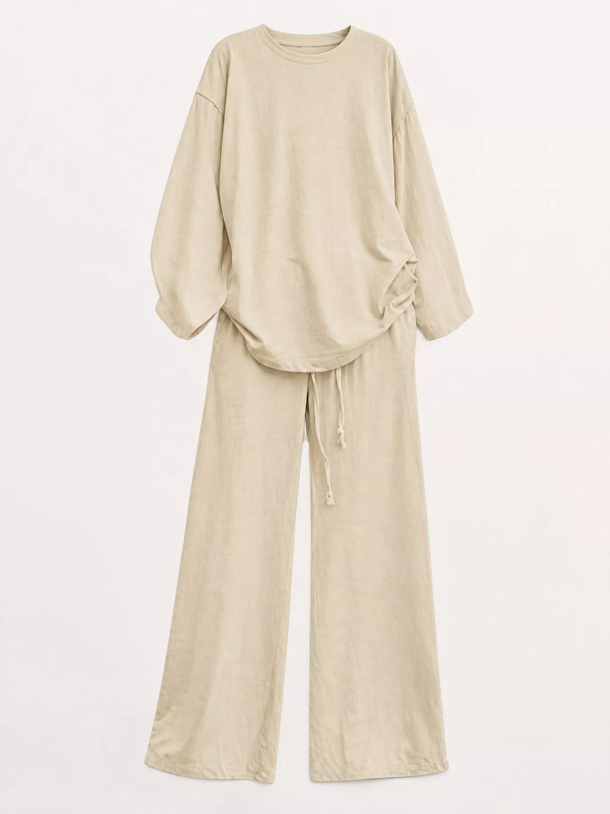 Full Size Round Neck Top and Drawstring Wide-Leg Pants Set Plus Size - Light Brown - View 11