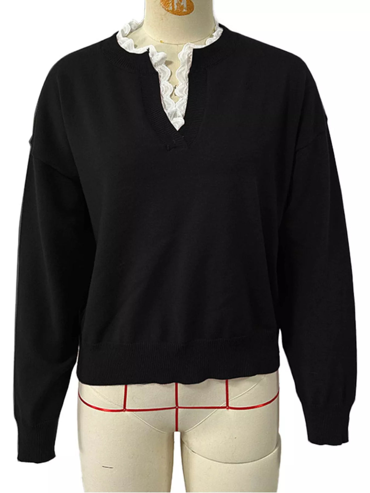 Lace Trim Dropped Shoulder Sweater - Black - View 2
