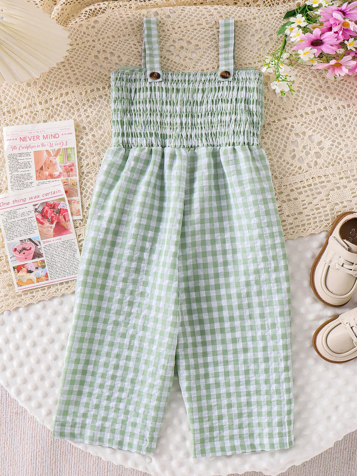Children's Bow Plaid Wide Strap Jumpsuit - Green - View 12