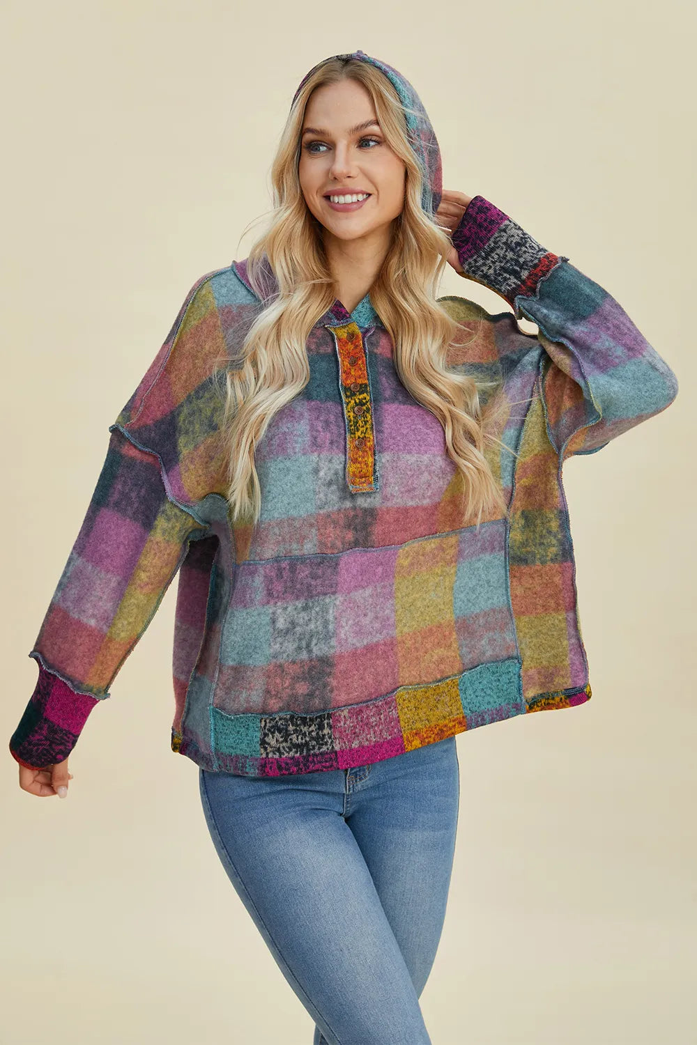 Double Take Full Size Plaid Dropped Shoulder Fleece Hoodie Plus Size - Heliotrope Purple - View 11