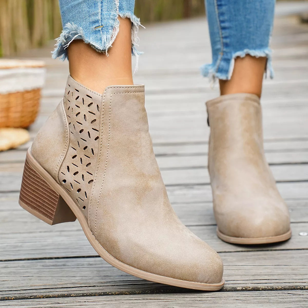 Round Toe Block Heels Boots - Apricot - View 4