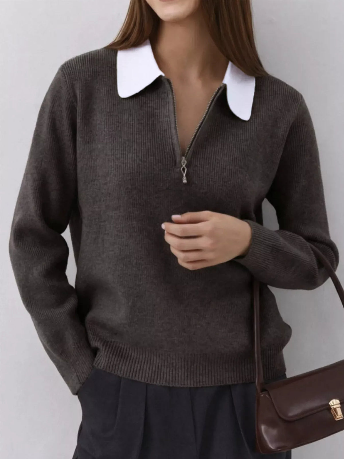 Contrast Collar Quarter Zip Sweater - Brown - View 1