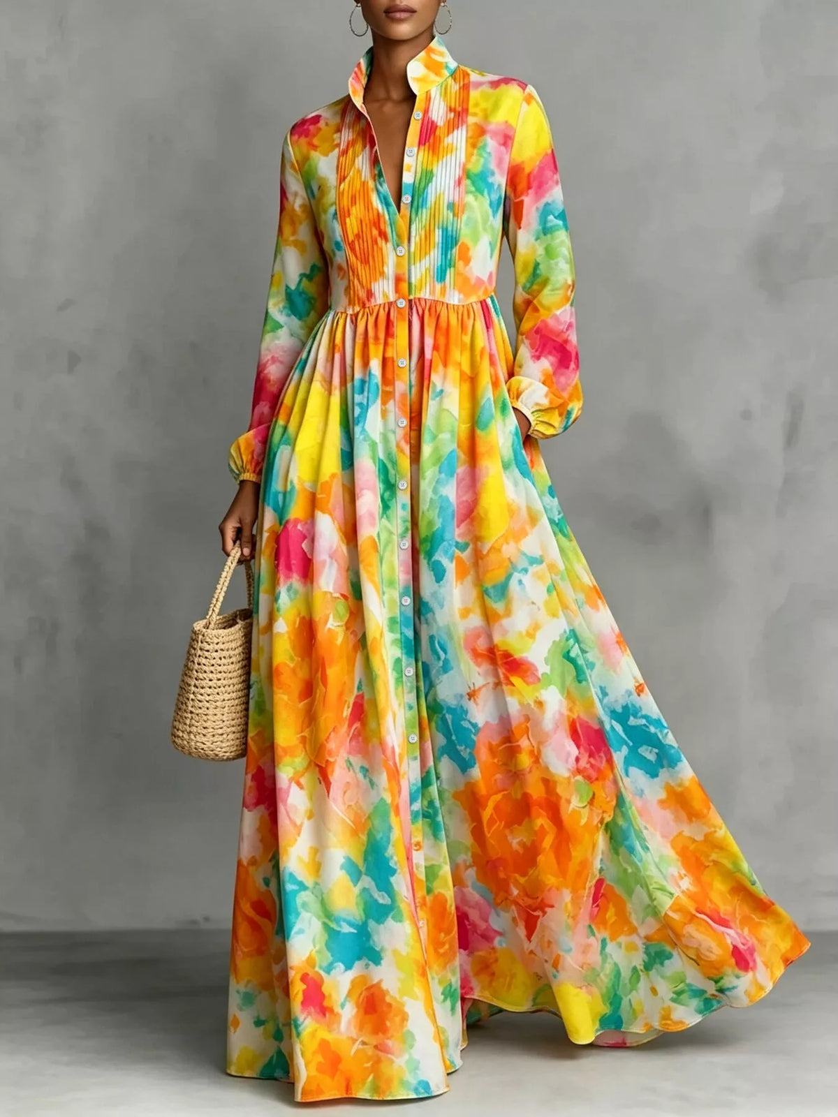 Watercolor Print Long-Sleeve Button-Down Maxi Dress - Multicolor - View 1