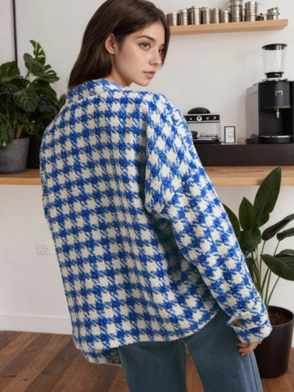 Houndstooth Button Up Long Sleeve Jacket - Blue - View 2