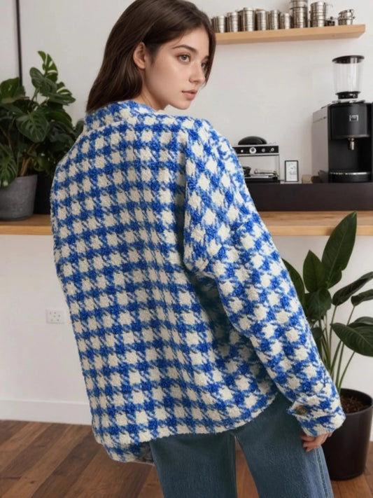 Houndstooth Button Up Long Sleeve Jacket - Blue - View 2