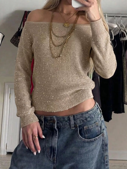 Sequin Off-Shoulder Sweater - Khaki Color - View 2