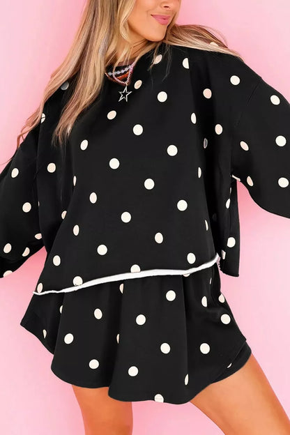 Polka Dot Raw Hem Relaxed Pullover Loose Skort Two Piece Set - Black - View 3