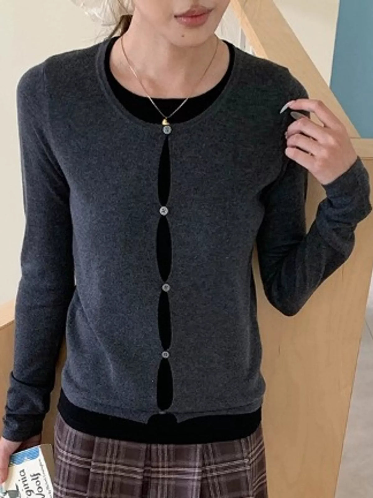 Layered Look Long Sleeve Knit Top - Charcoal Gray - View 8