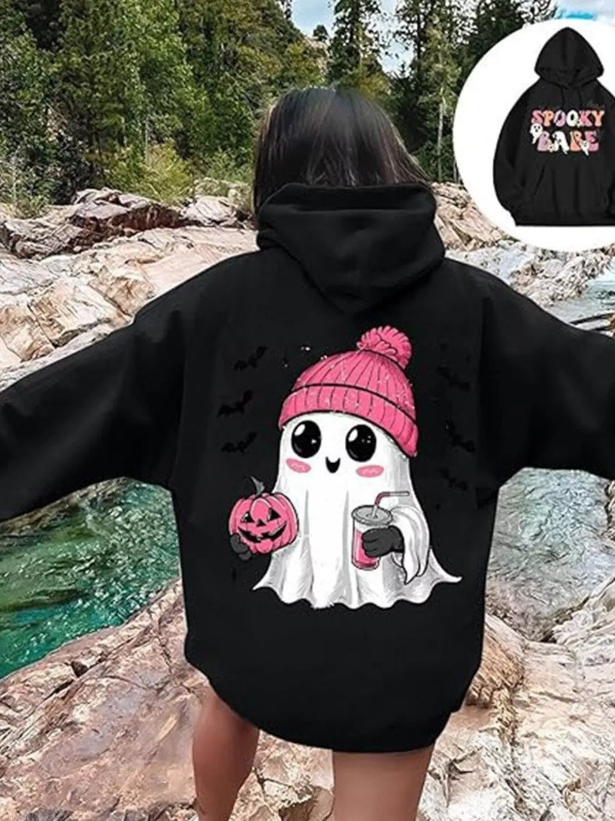 Full Size Halloween Graphic Long Sleeve Hoodie Plus Size - Black - View 1