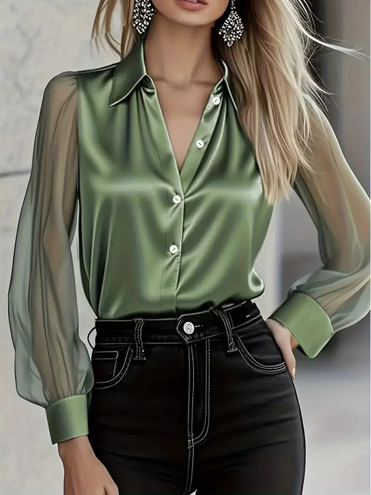 Satin Button Up Sheer Sleeve Shirt - Green - View 4