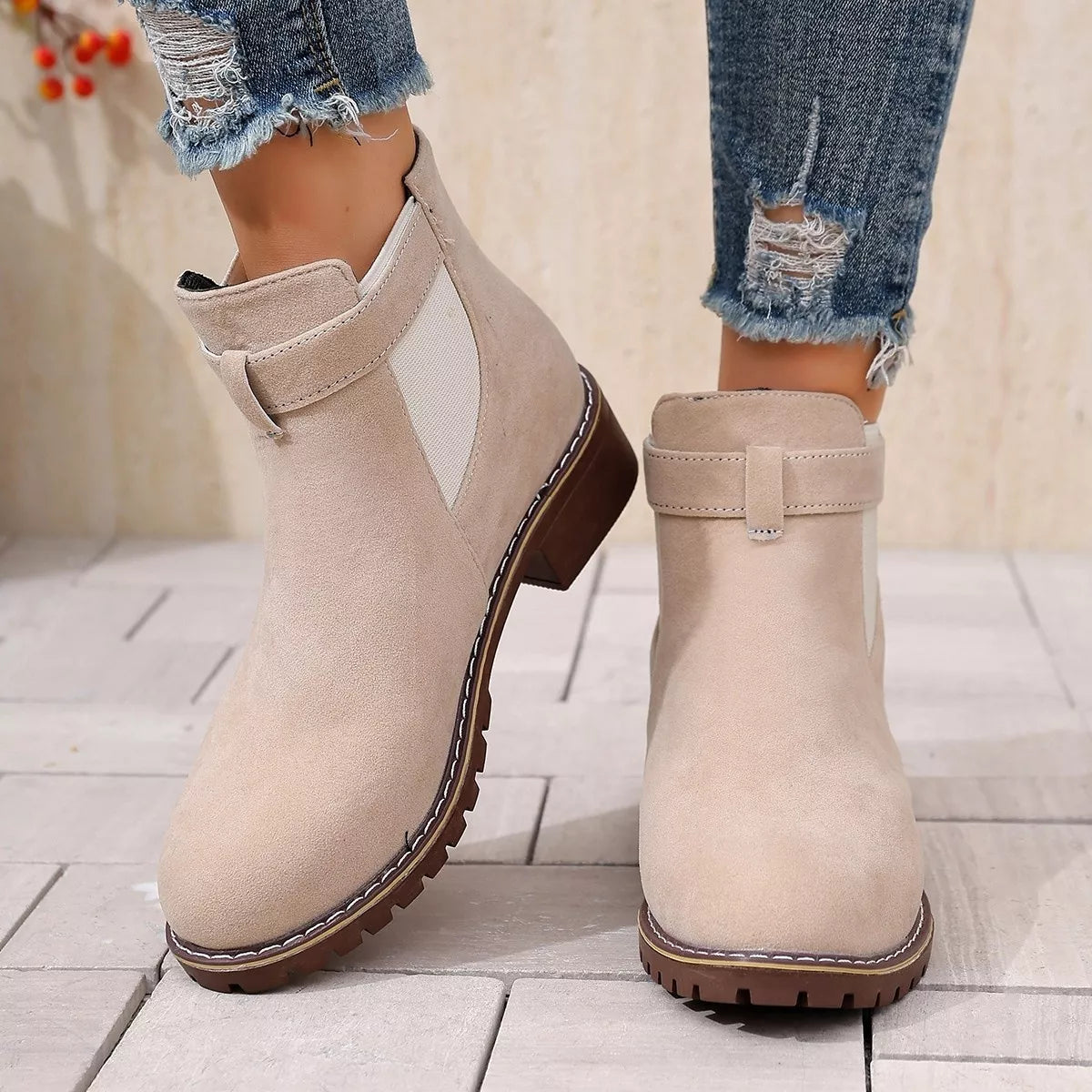 Round Toe Block Heels Boots - Beige - View 12