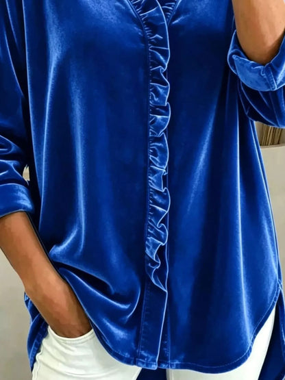 Velvet Frill V-Neck Blouse - Blue - View 3