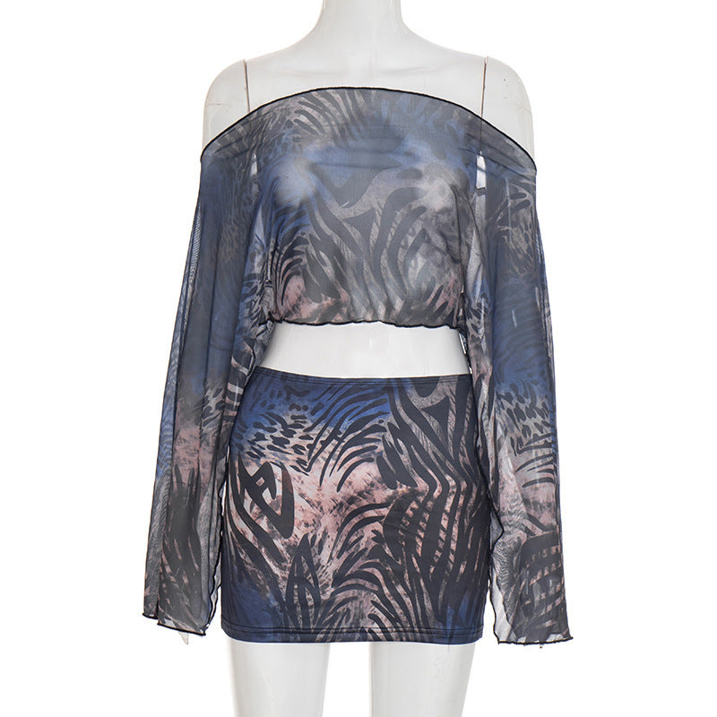 Style Tiger Print Mesh Off-the-shoulder Long Sleeve Top Fitted Skirt Two-piece Set