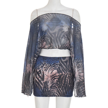 Style Tiger Print Mesh Off-the-shoulder Long Sleeve Top Fitted Skirt Two-piece Set