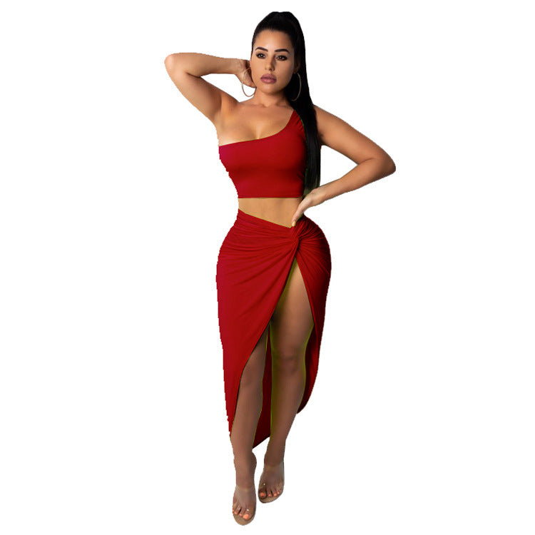 Two piece pleated solid color skirt set