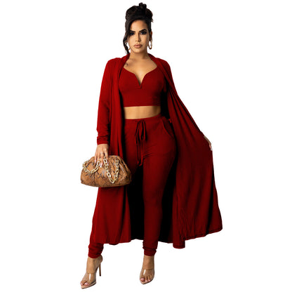 Women's solid color V-neck set