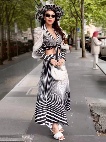 Striped lace up shirt+high waisted skirt set of two pieces