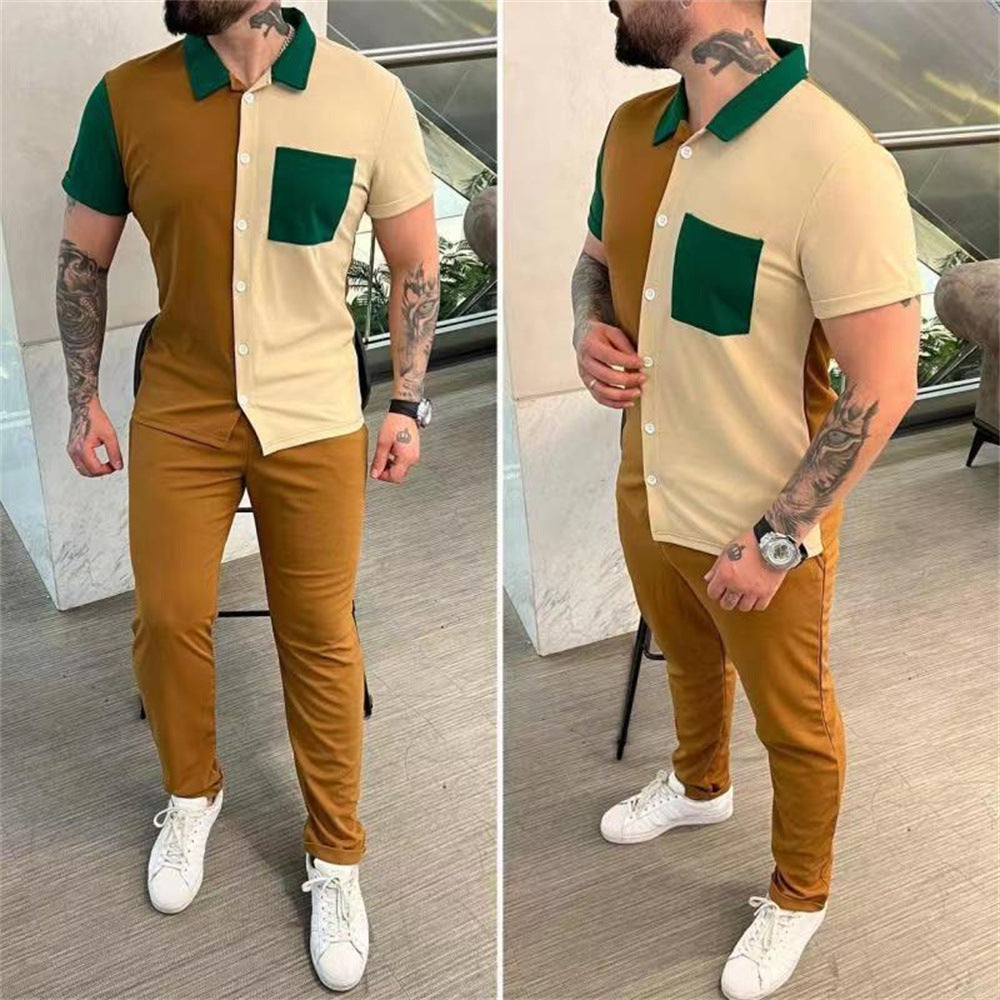 Color blocked men's shirt short sleeved pants casual sports suit