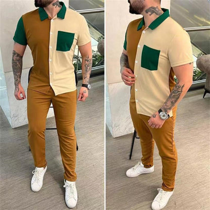 Color blocked men's shirt short sleeved pants casual sports suit