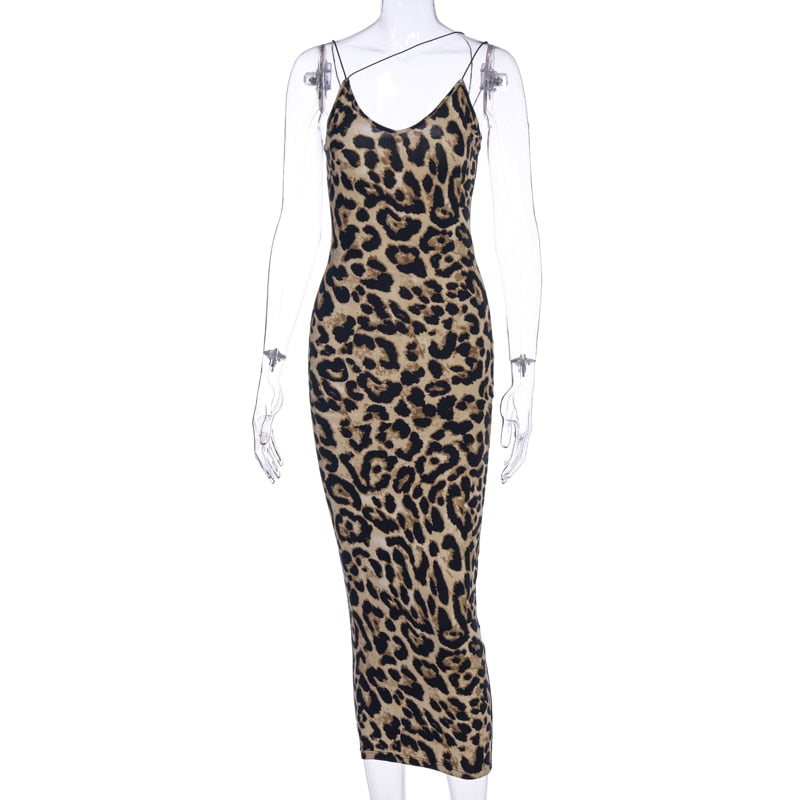 Leopard print sleeveless V-neck sexy midi dress spring women fashion streetwear party outfits