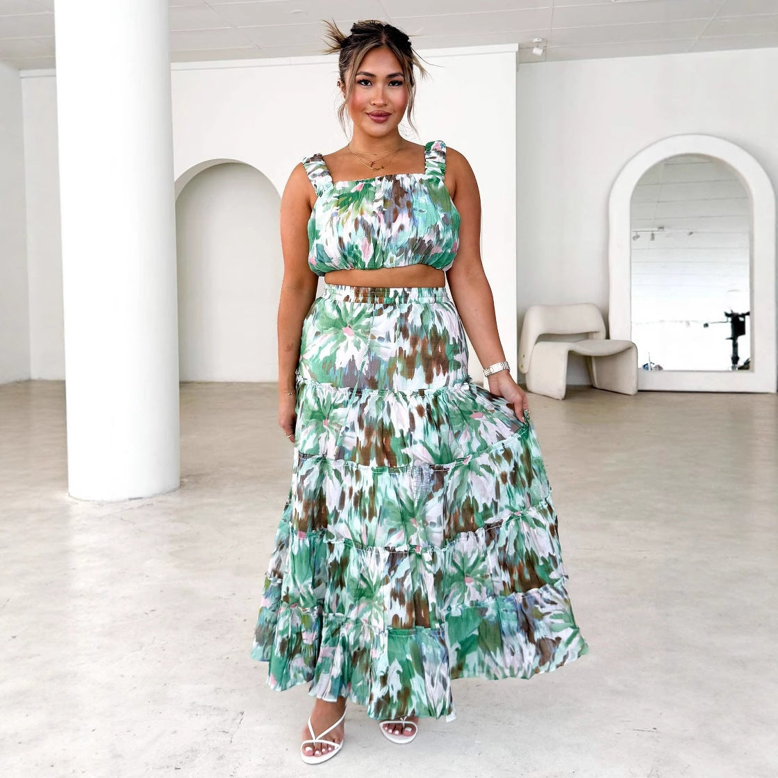 Vintage Sleeveless Crop Top with Print High-Waisted Skirt Two-Piece Set for Women