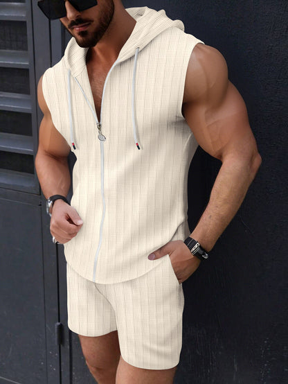 Hoodie set zipper T-shirt plaid sleeveless vest shorts two-piece set