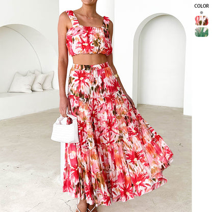 Vintage Sleeveless Crop Top with Print High-Waisted Skirt Two-Piece Set for Women
