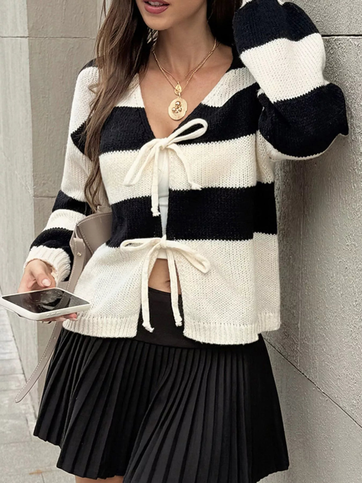 Striped Tie-Front Knit Cardigan - Black - View 2