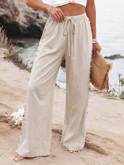 Drawstring Wide Leg Pants - Khaki - View 2