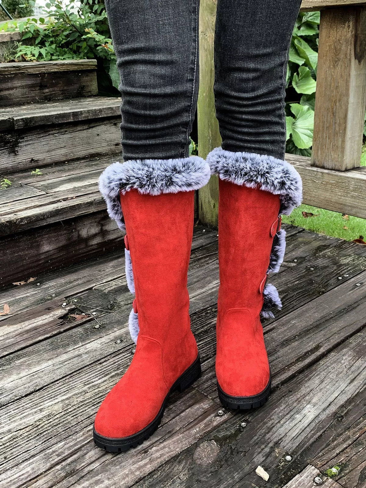 Round Toe Block Heels Boots - Red - View 4