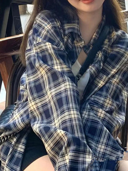 Casual Loose Fit Plaid Shirt - Navy-Plaid - View 2