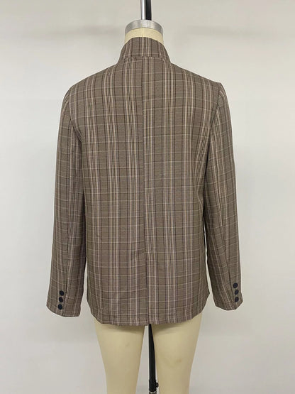 Plaid Single-Button Blazer - Mocha - View 13