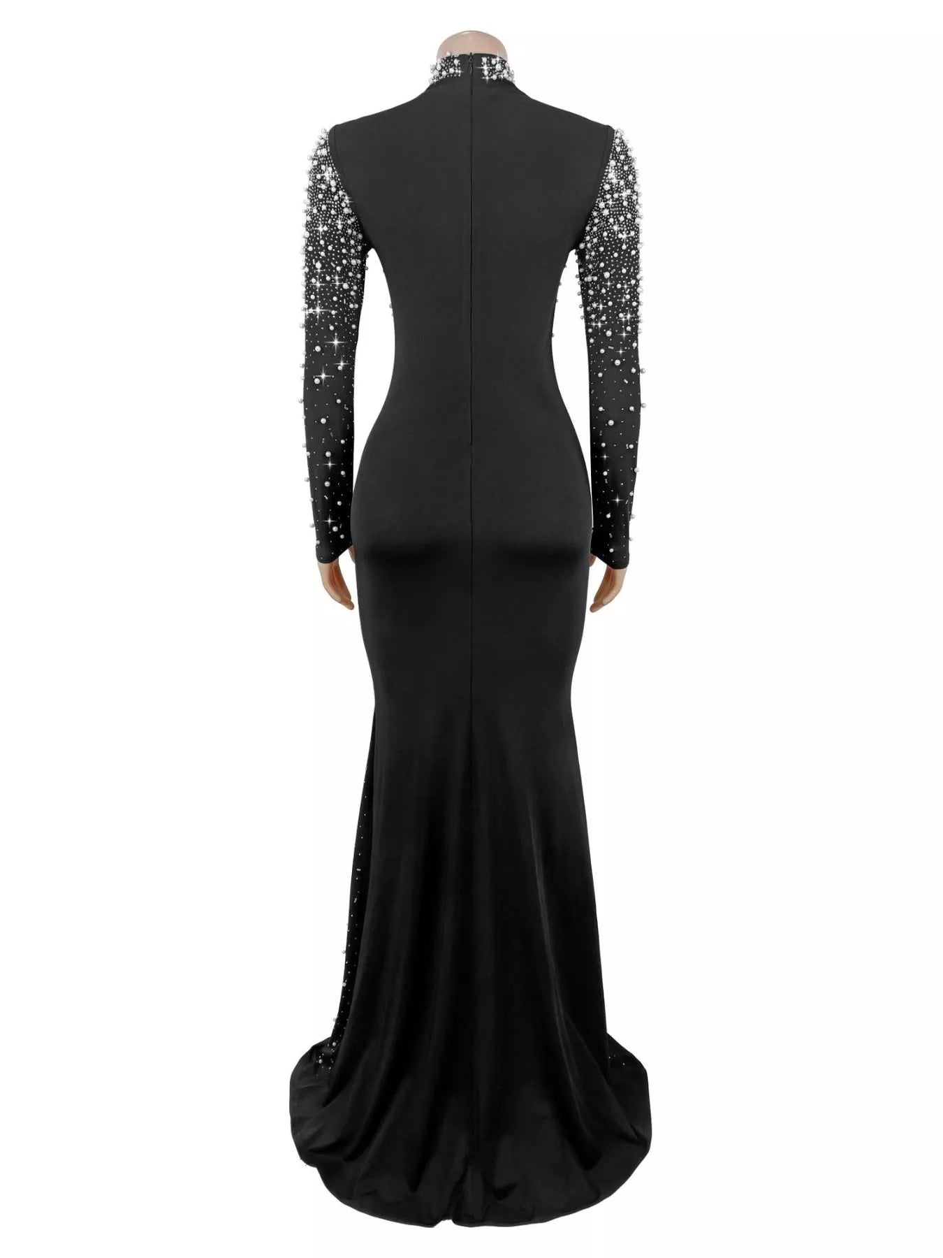 Rhinestone Long Sleeve Mermaid Maxi Dress - Black - Rear Mannequin View