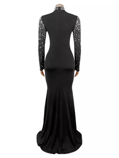 Rhinestone Long Sleeve Mermaid Maxi Dress - Black - Rear Mannequin View