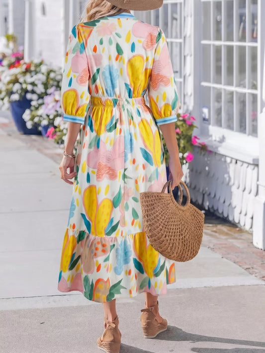 Multicolour Floral Doodle Print Striped Trim V Neck Midi Dress - product photo 2