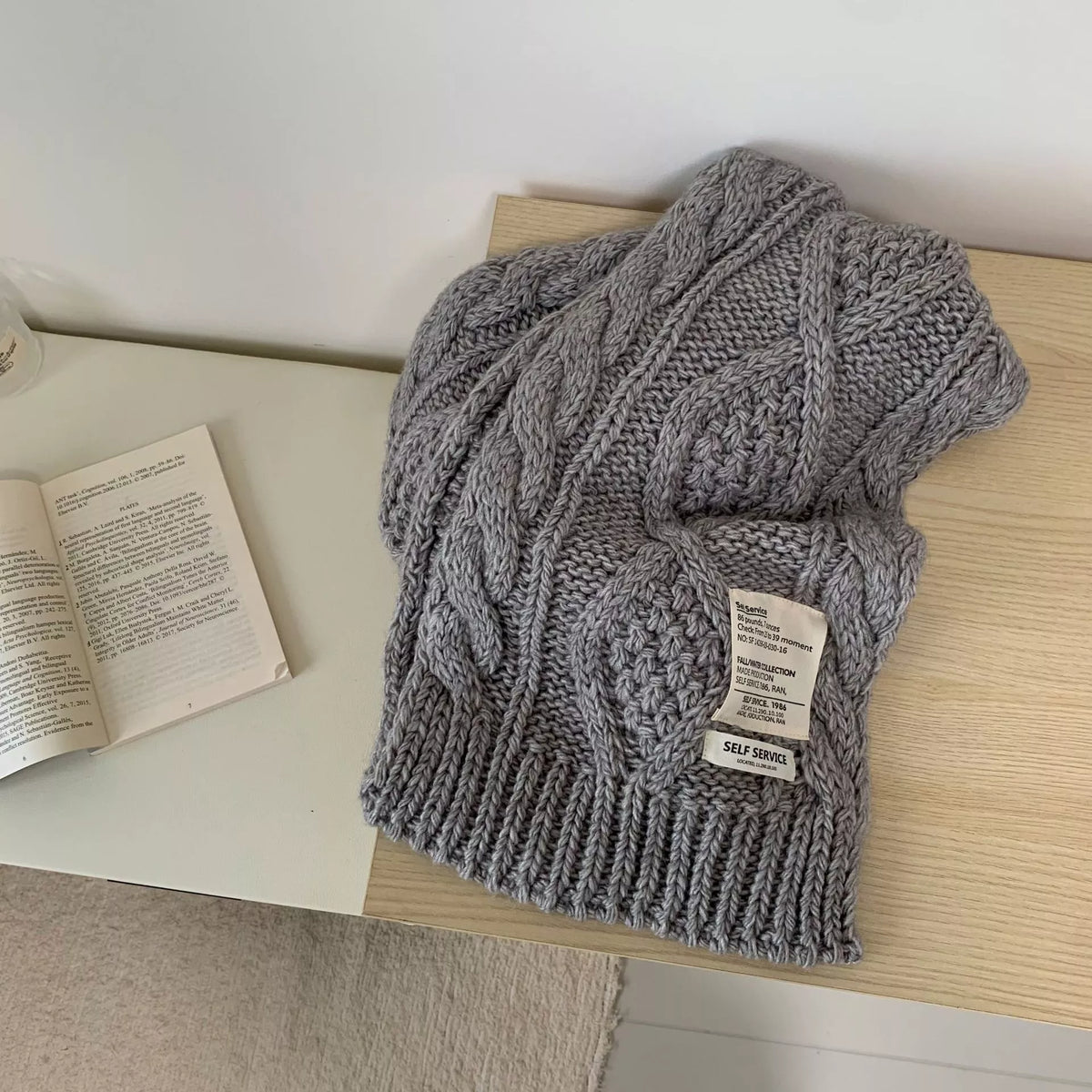 Chunky Cable Knit Scarf - Gray - View 9