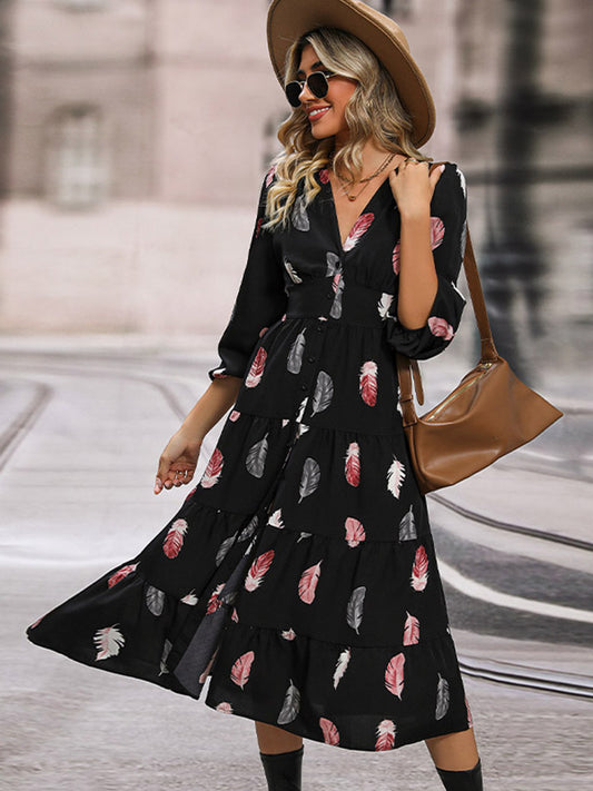 Perfee Printed V-Neck Slit Dress - Black - View 1